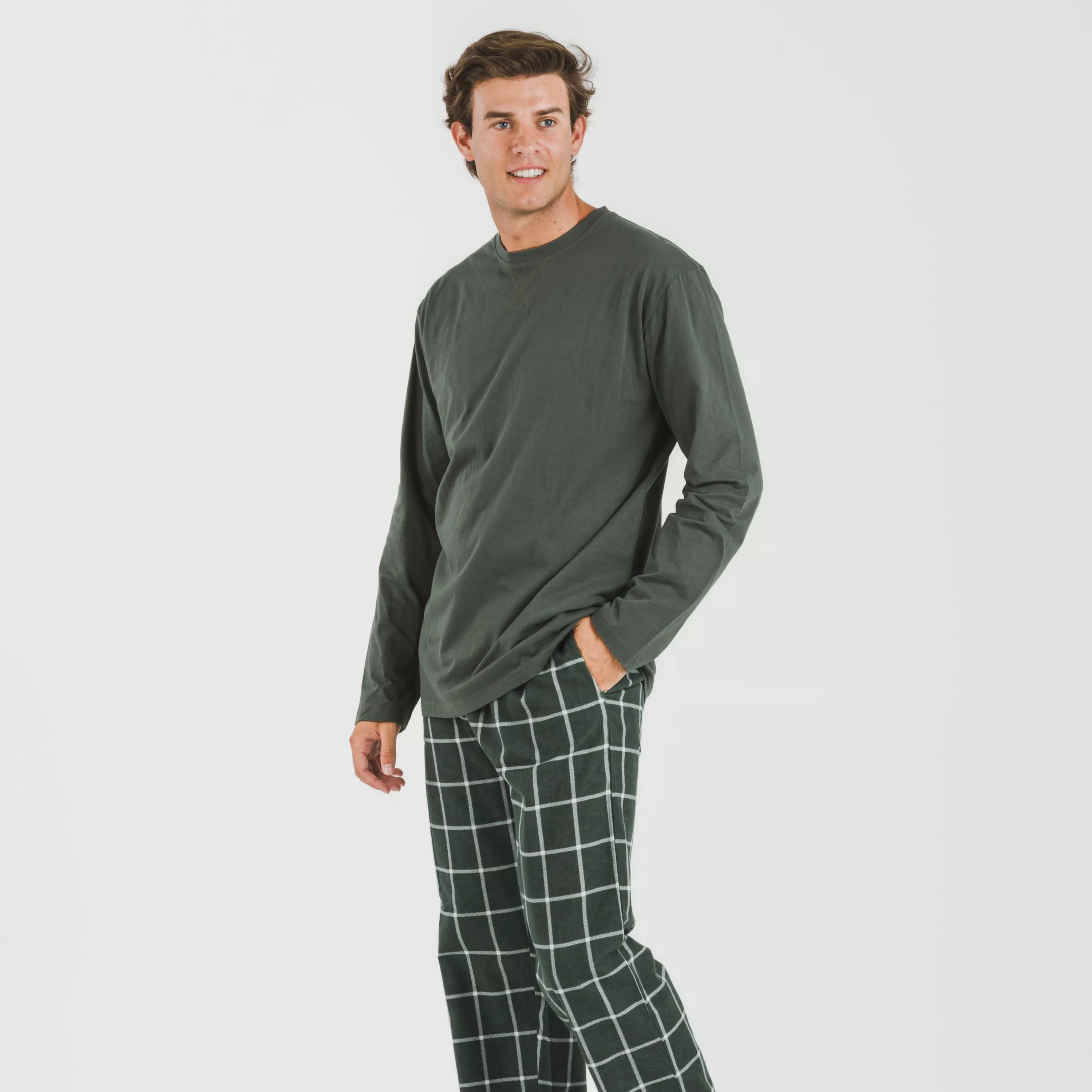 Pijama masculino de flanela, estampa de caça verde andina