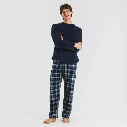 Pijama masculino de lã coral, xadrez Brais azul marinho