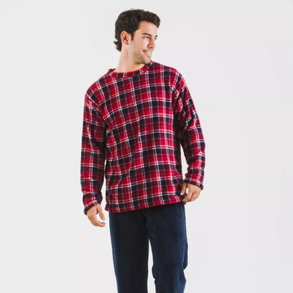 Pijama masculino de lã coral, azul marinho com estampa xadrez Cocoro.