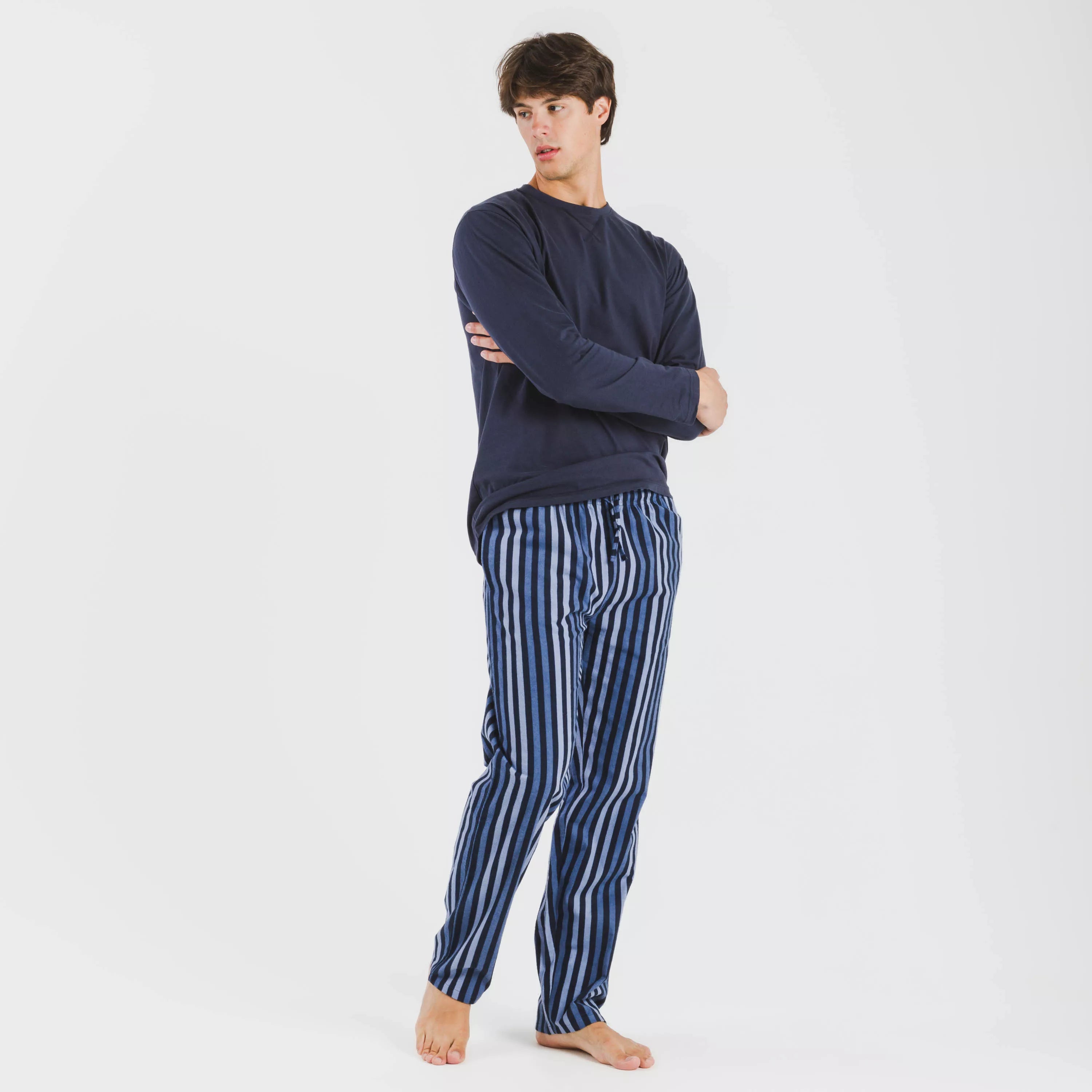 Pijama masculino de flanela, listrado Vinicius, azul