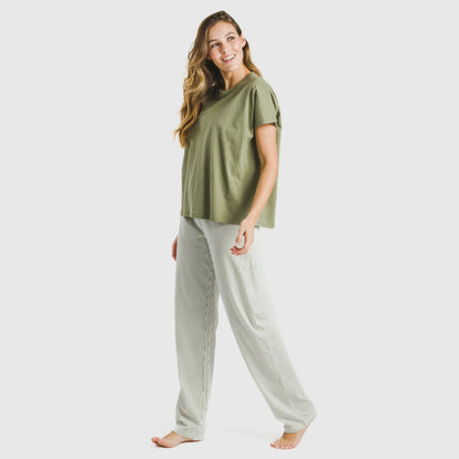 Pijama largo algodón mujer manga fluida Raya Mozarabe verde