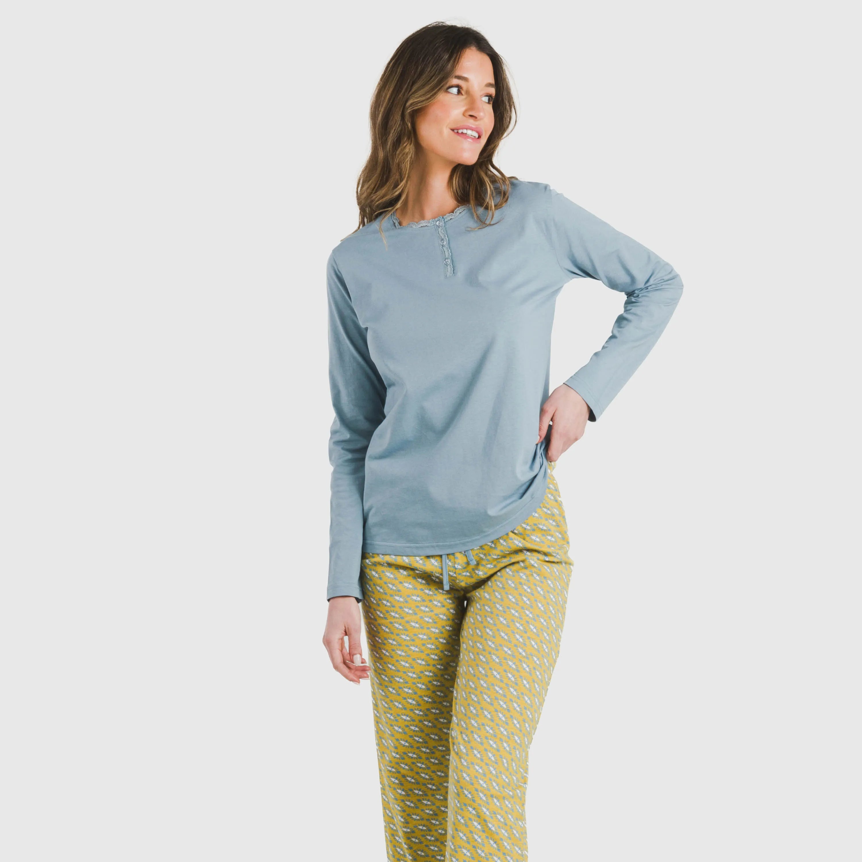 Pijama longo Sisena de algodão, água-marinha