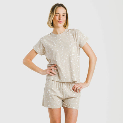 Pijama feminino de algodão com mangas curtas, "Little Star Sand"