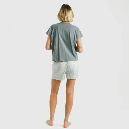 Pijama feminino Xenia de algodão com mangas curtas, cor verde-azulado