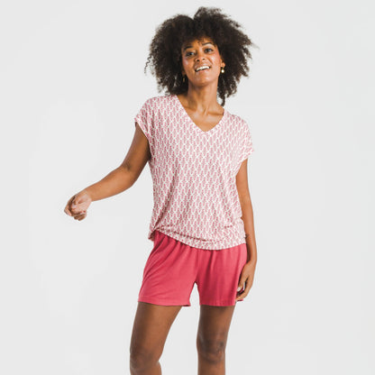 Pijama feminino de viscose de manga curta, estilo sérvio, cor marsala.