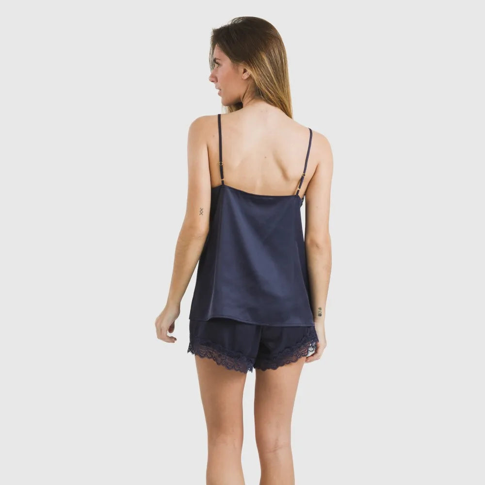 Pijama feminino de cetim com suspensórios, liso, sexta-feira