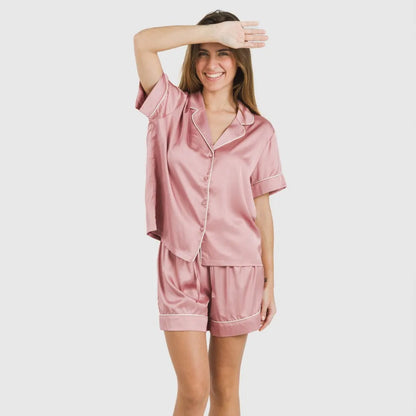 Pijama curto de cetim liso de manga curta para sexta-feira