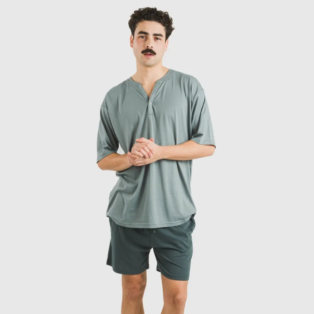 Pijama curto masculino com botões, azul claro - verde escuro