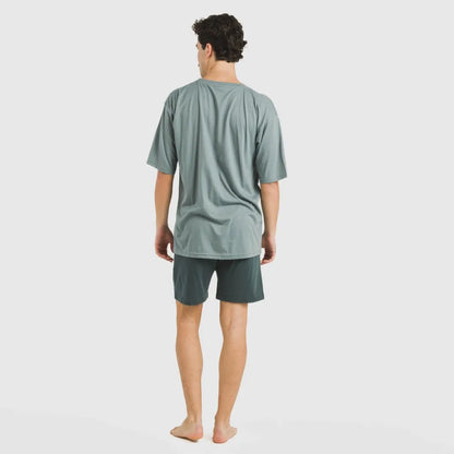 Pijama curto masculino com botões, azul claro - verde escuro