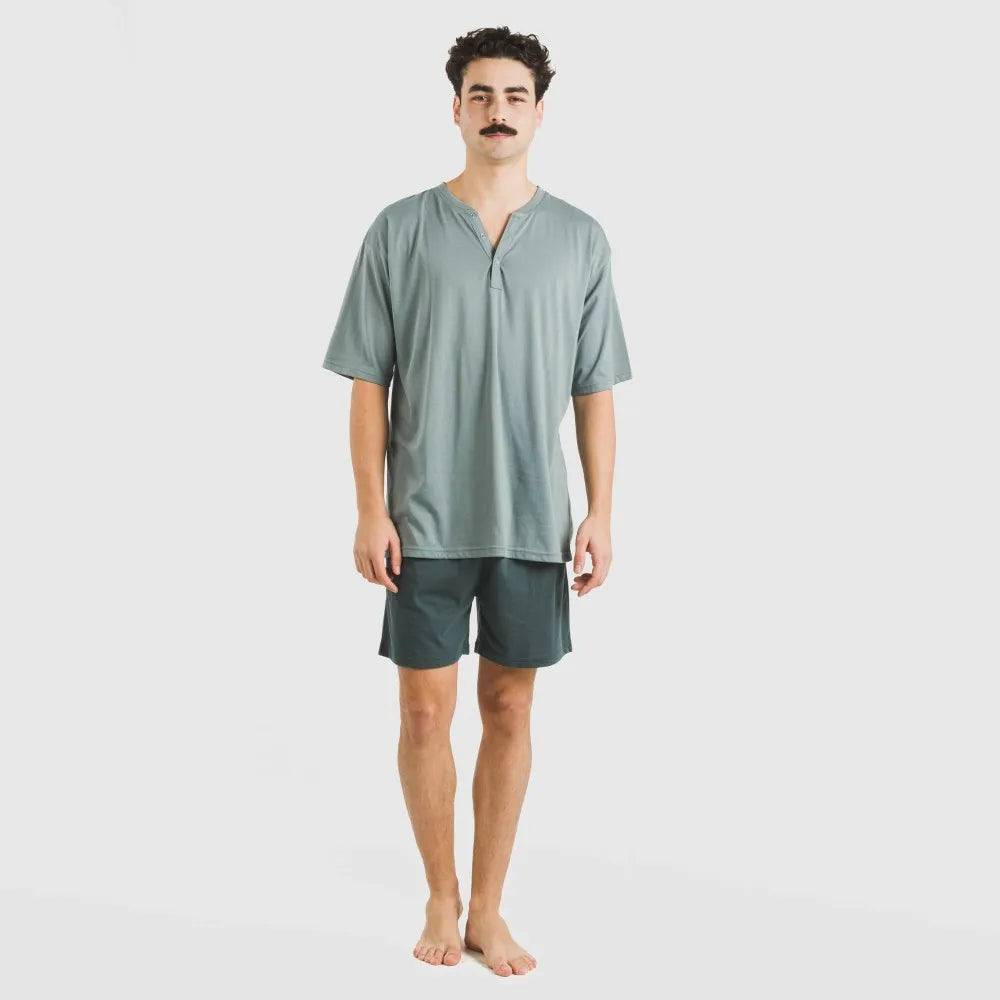 Pijama curto masculino com botões, azul claro - verde escuro