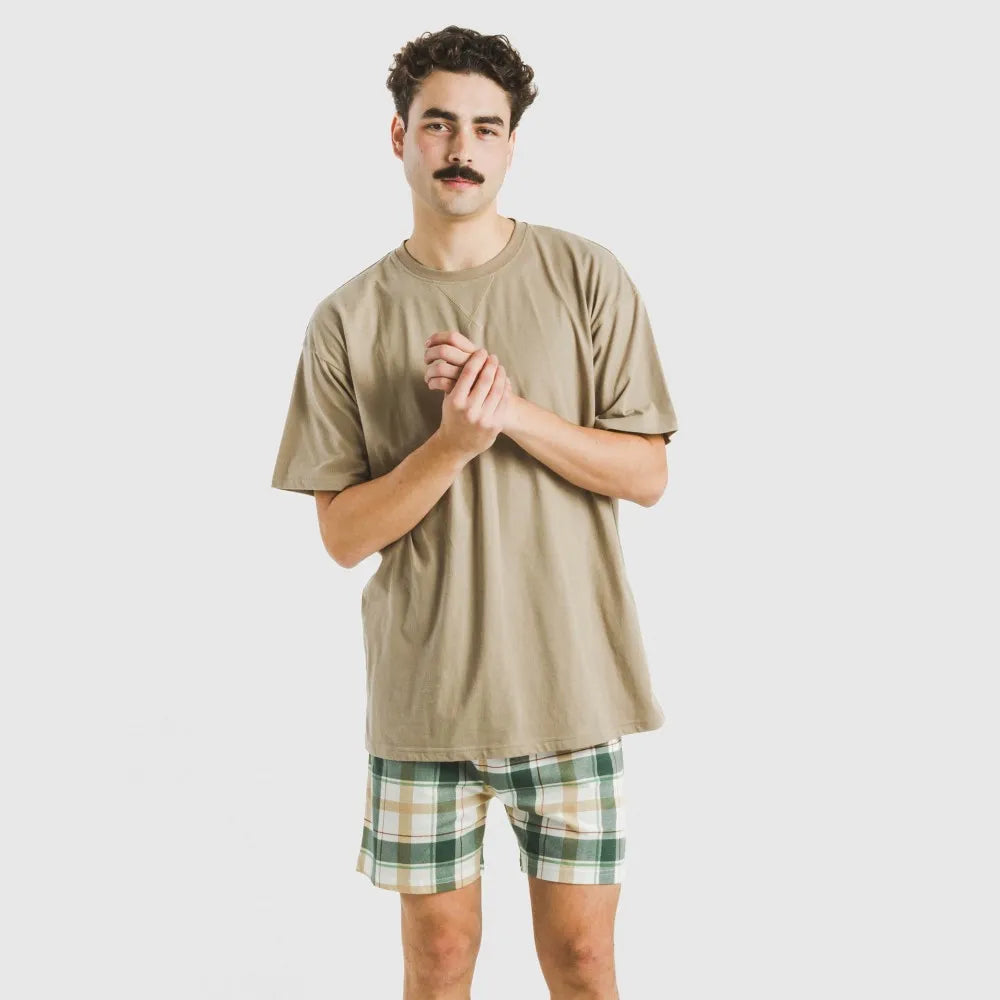 Pijama curto masculino de algodão, estampa xadrez areia Noric