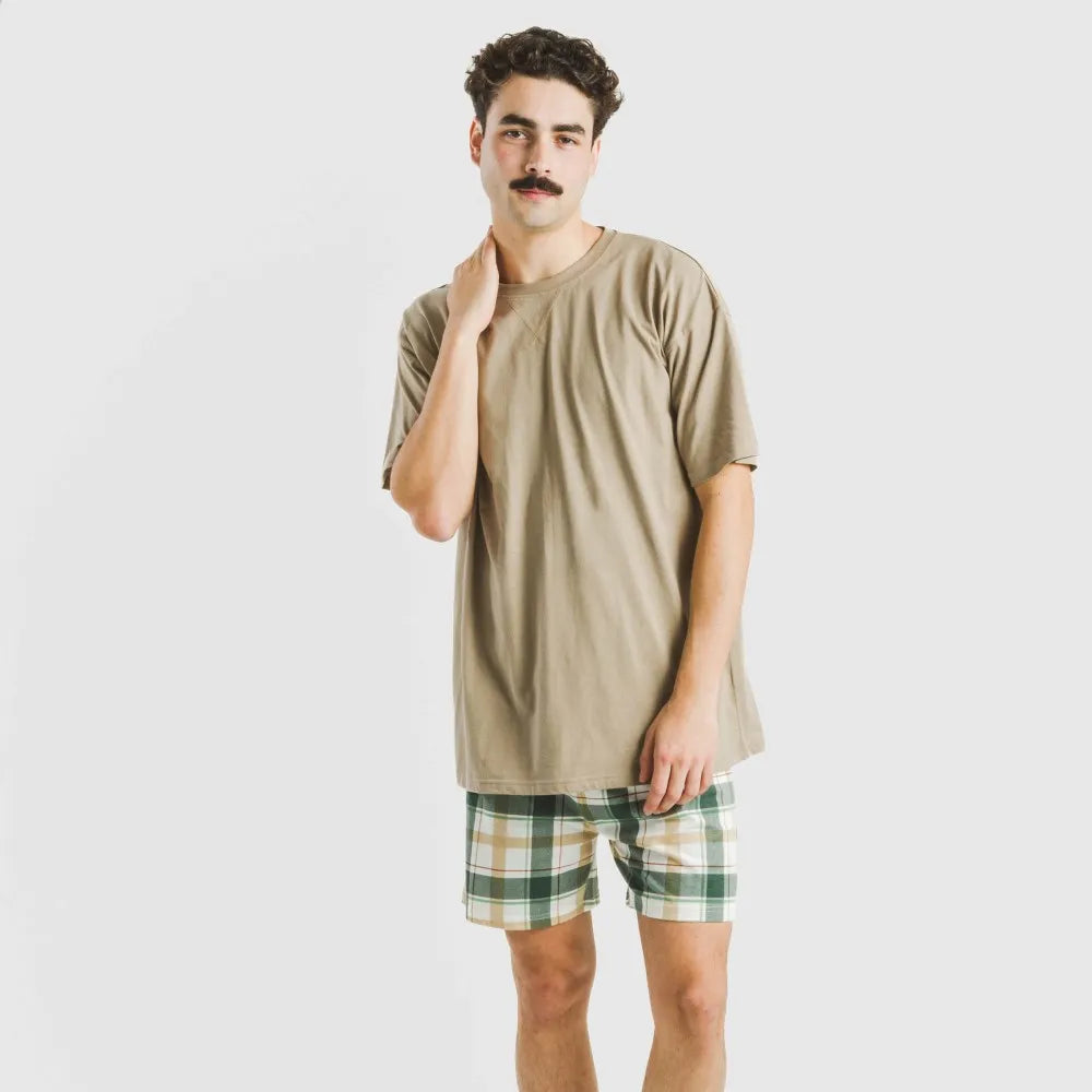 Pijama curto masculino de algodão, estampa xadrez areia Noric