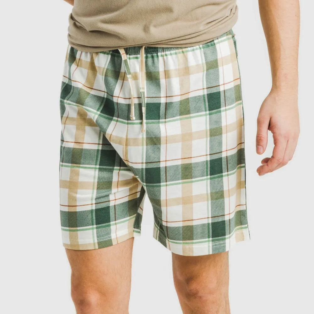 Pijama curto masculino de algodão, estampa xadrez areia Noric