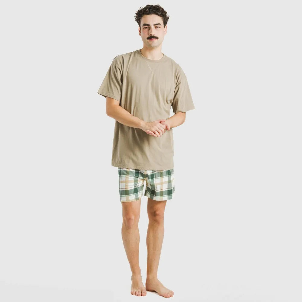 Pijama curto masculino de algodão, estampa xadrez areia Noric
