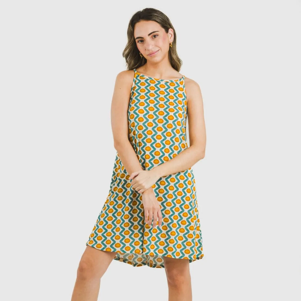 Vestido curto Naya em crepe azul-turquesa com alças