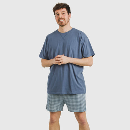 Pijama curto masculino de algodão, xadrez azul Kike