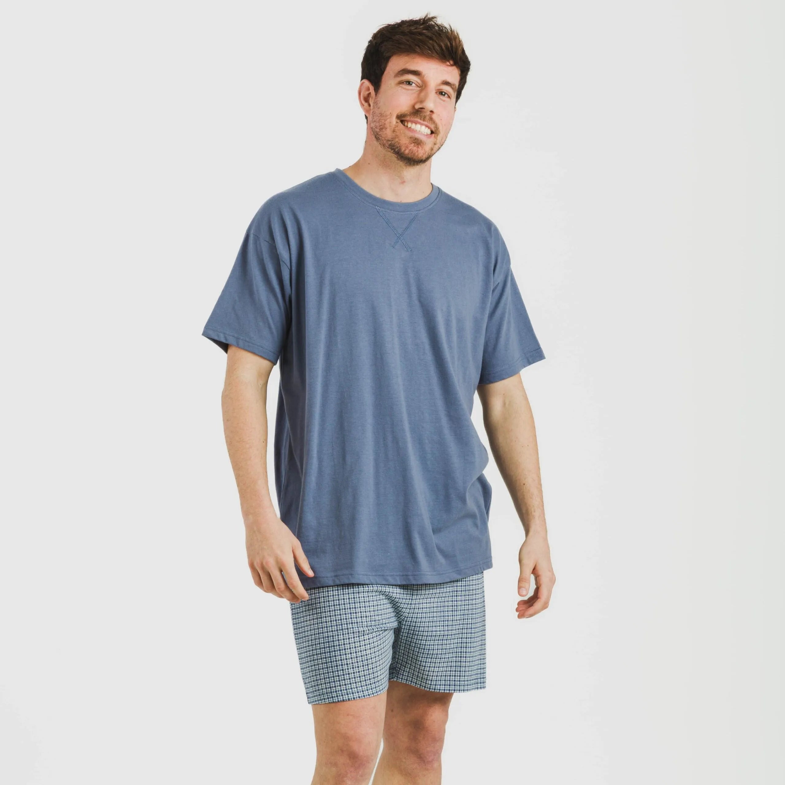 Pijama curto masculino de algodão, xadrez azul Kike