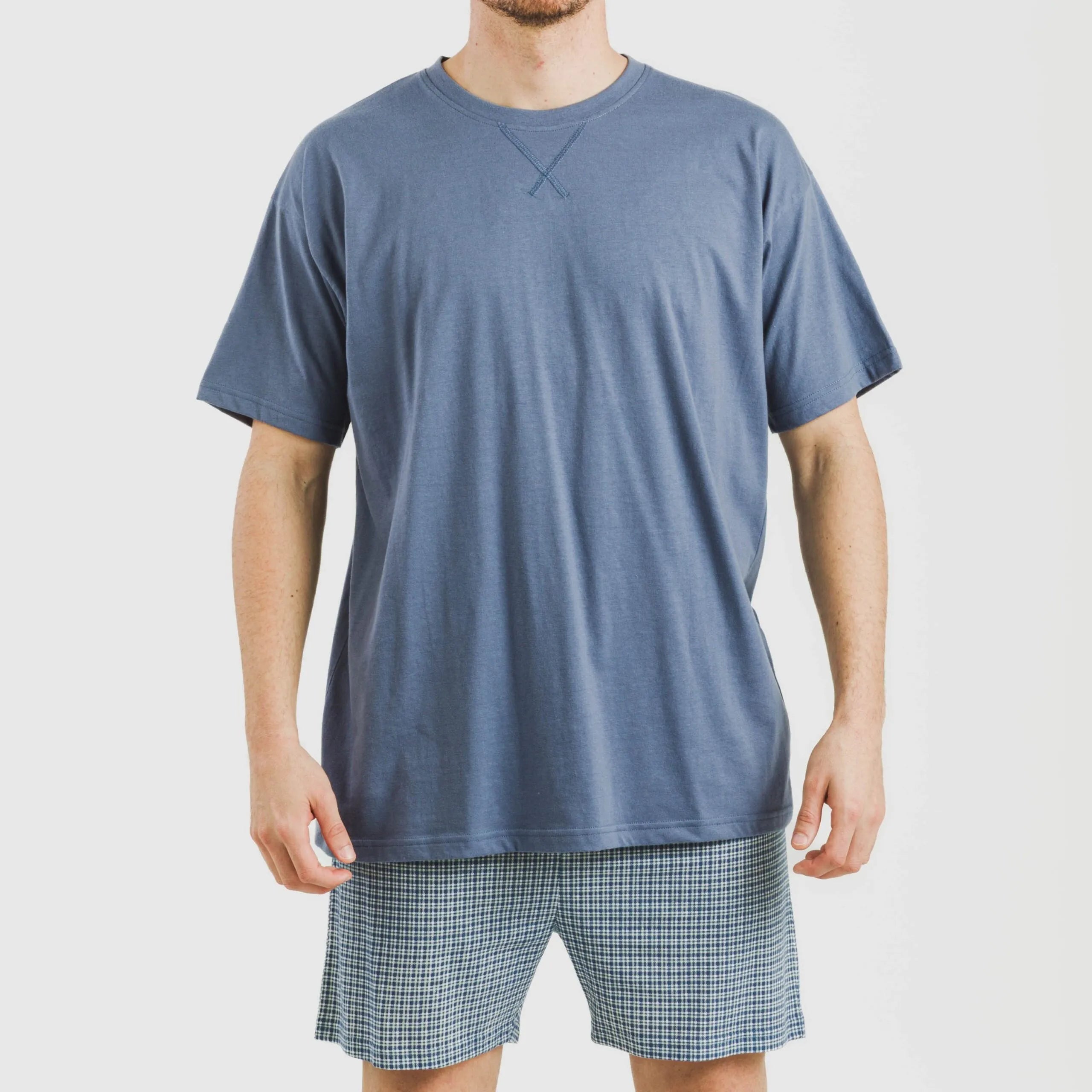 Pijama curto masculino de algodão, xadrez azul Kike