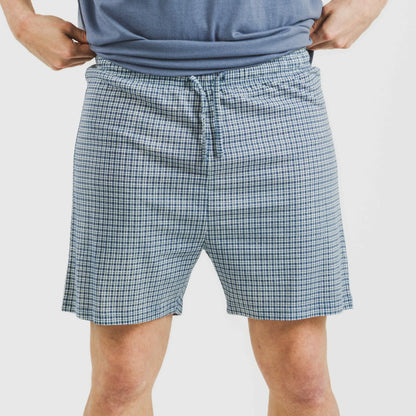 Pijama curto masculino de algodão, xadrez azul Kike