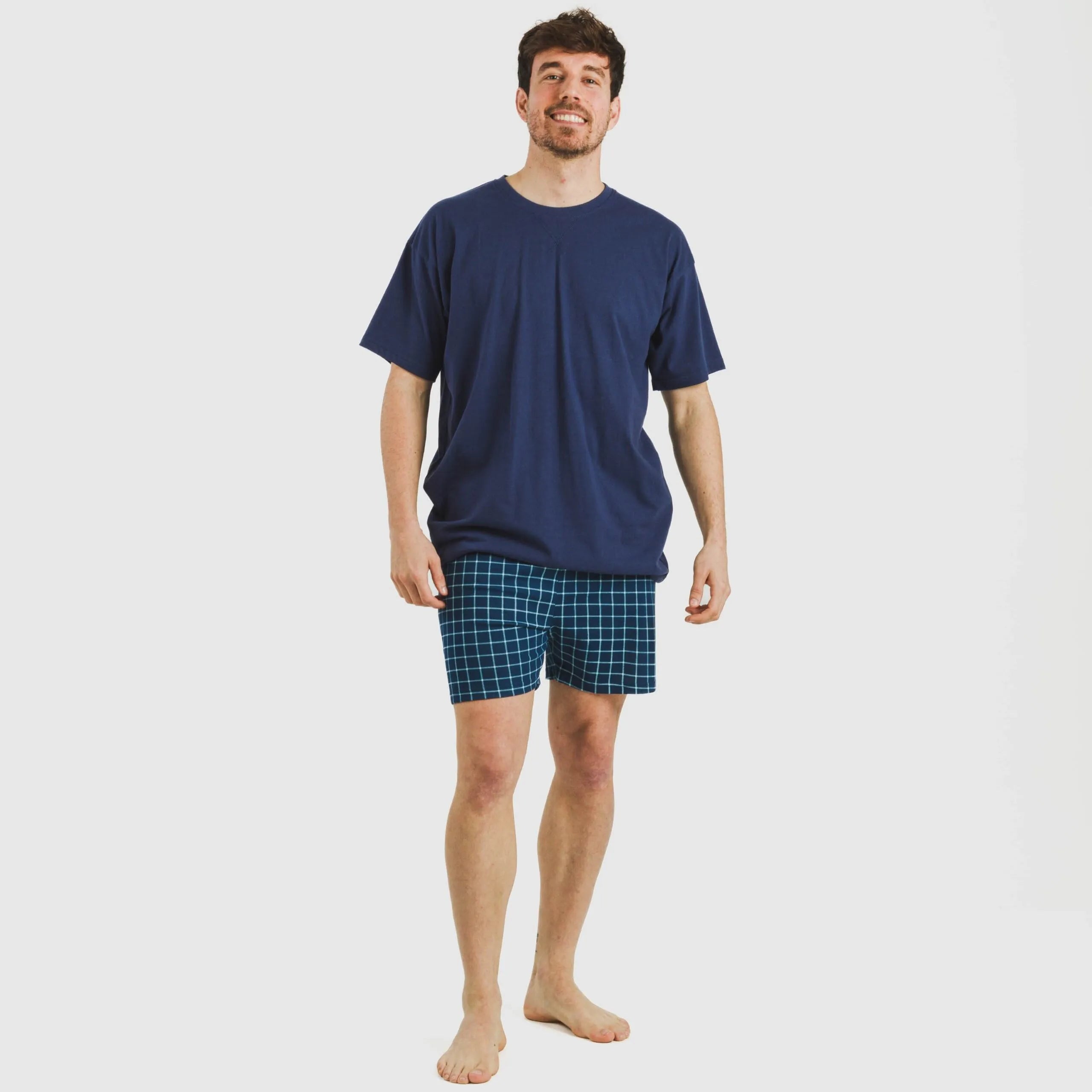 Pijama curto masculino de algodão, xadrez azul Edesia