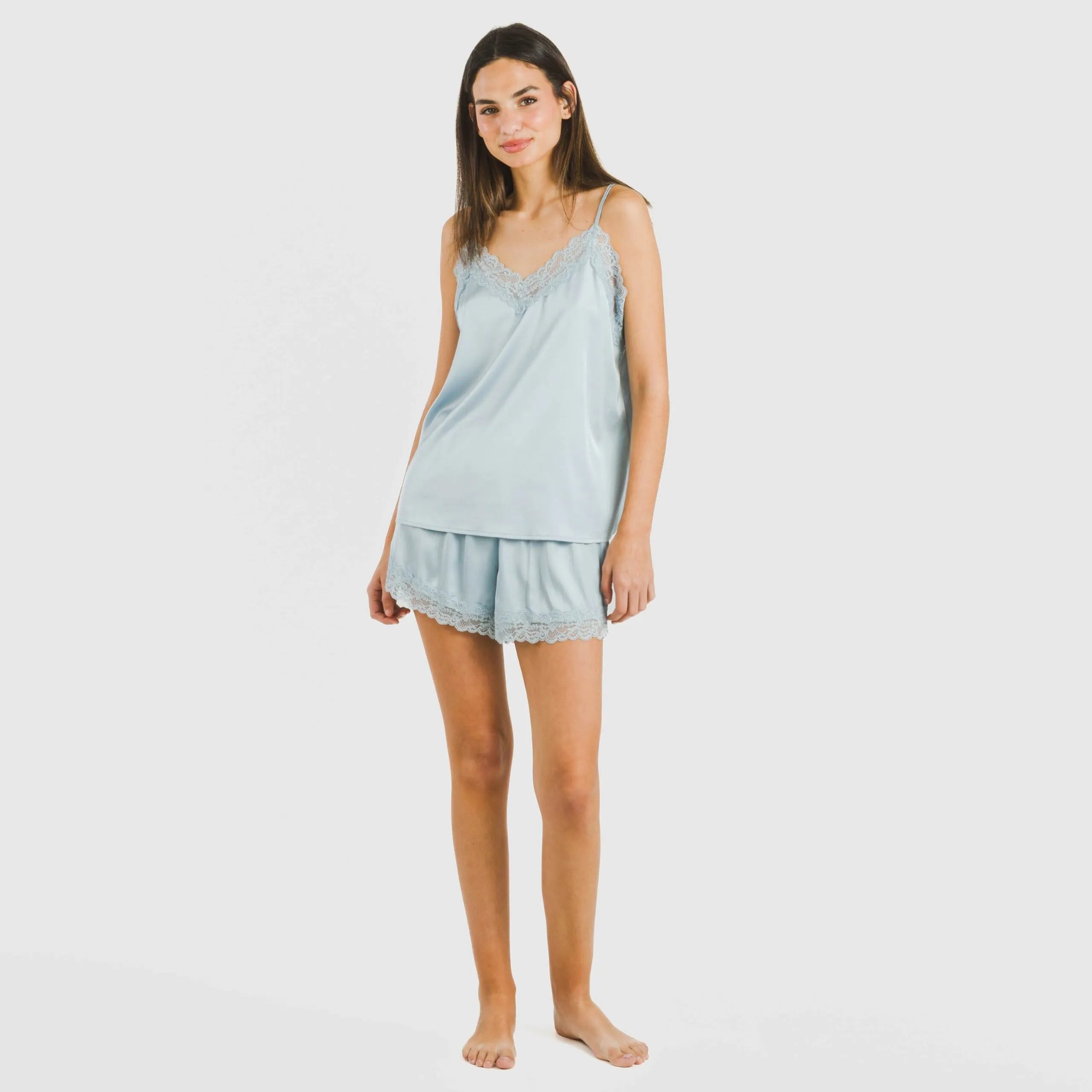 Pijama feminino de cetim com suspensórios, liso, sexta-feira