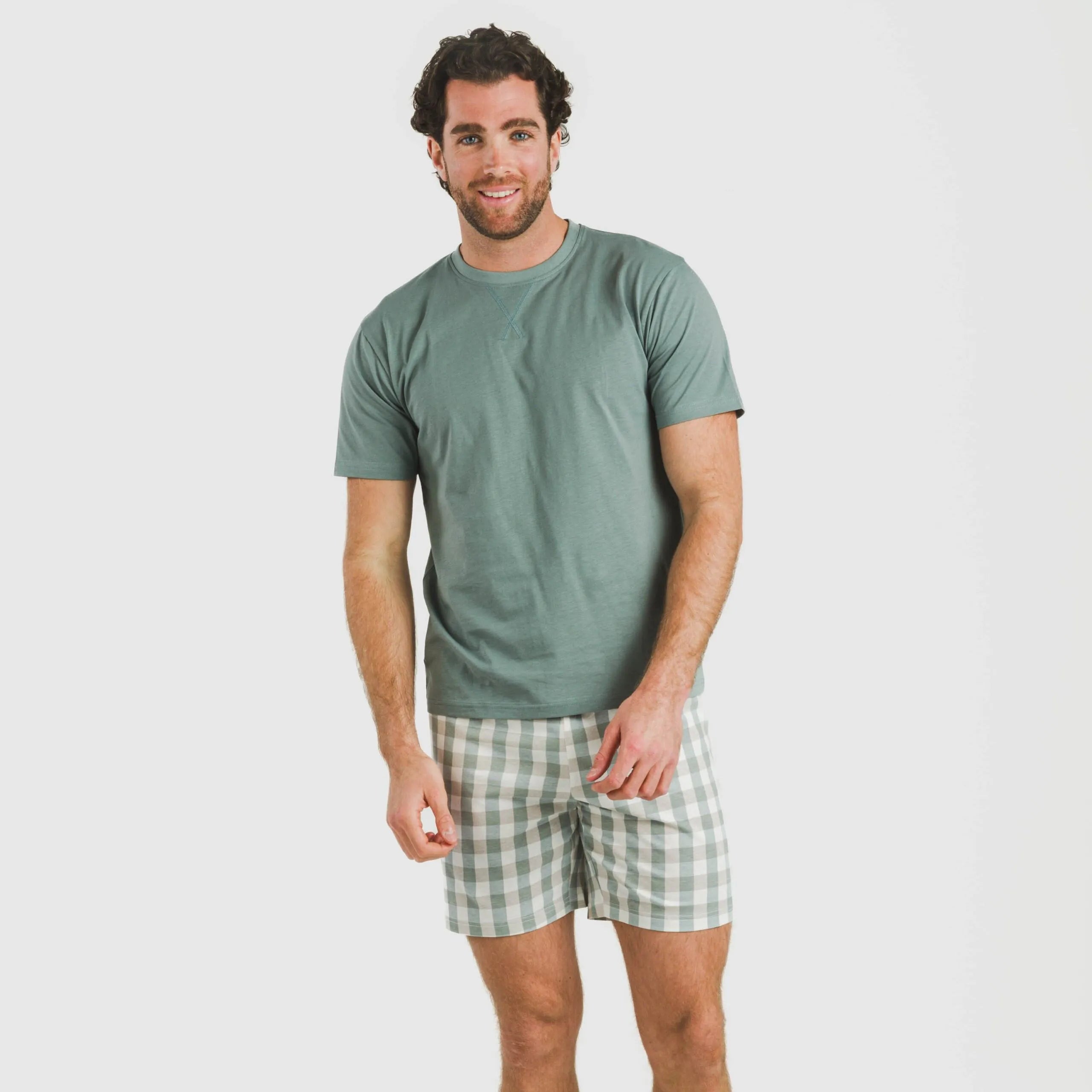 Pijama curto masculino de algodão, xadrez poliéster verde-azulado, azul esverdeado