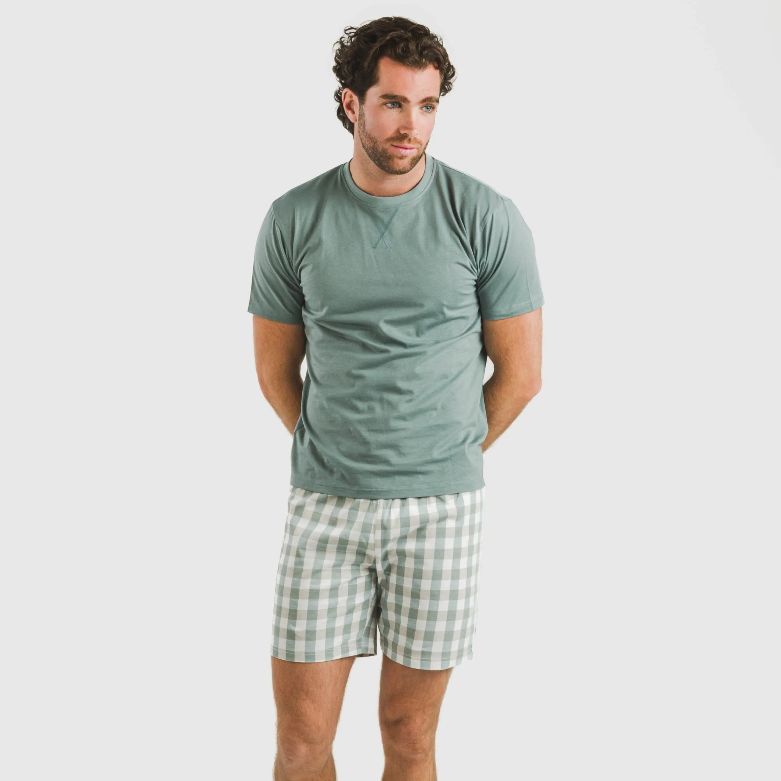Pijama curto masculino de algodão, xadrez poliéster verde-azulado, azul esverdeado