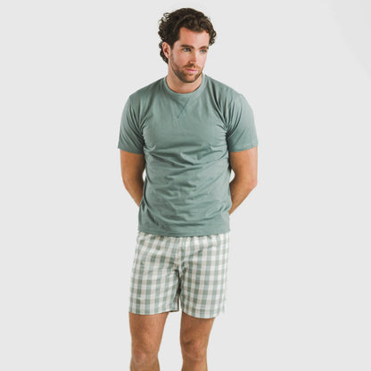 Pijama curto masculino de algodão, xadrez poliéster verde-azulado, azul esverdeado