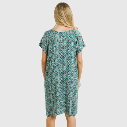 Vestido de viscose de manga curta em tecido fluido, cor Malura aquamarine.