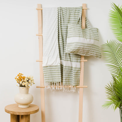 Conjunto de toalha pareô + bolsa de algodão listrada