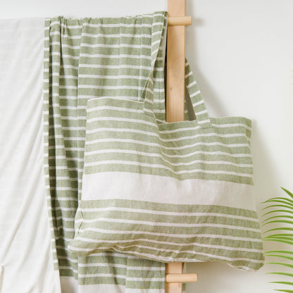 Conjunto de toalha pareô + bolsa de algodão listrada