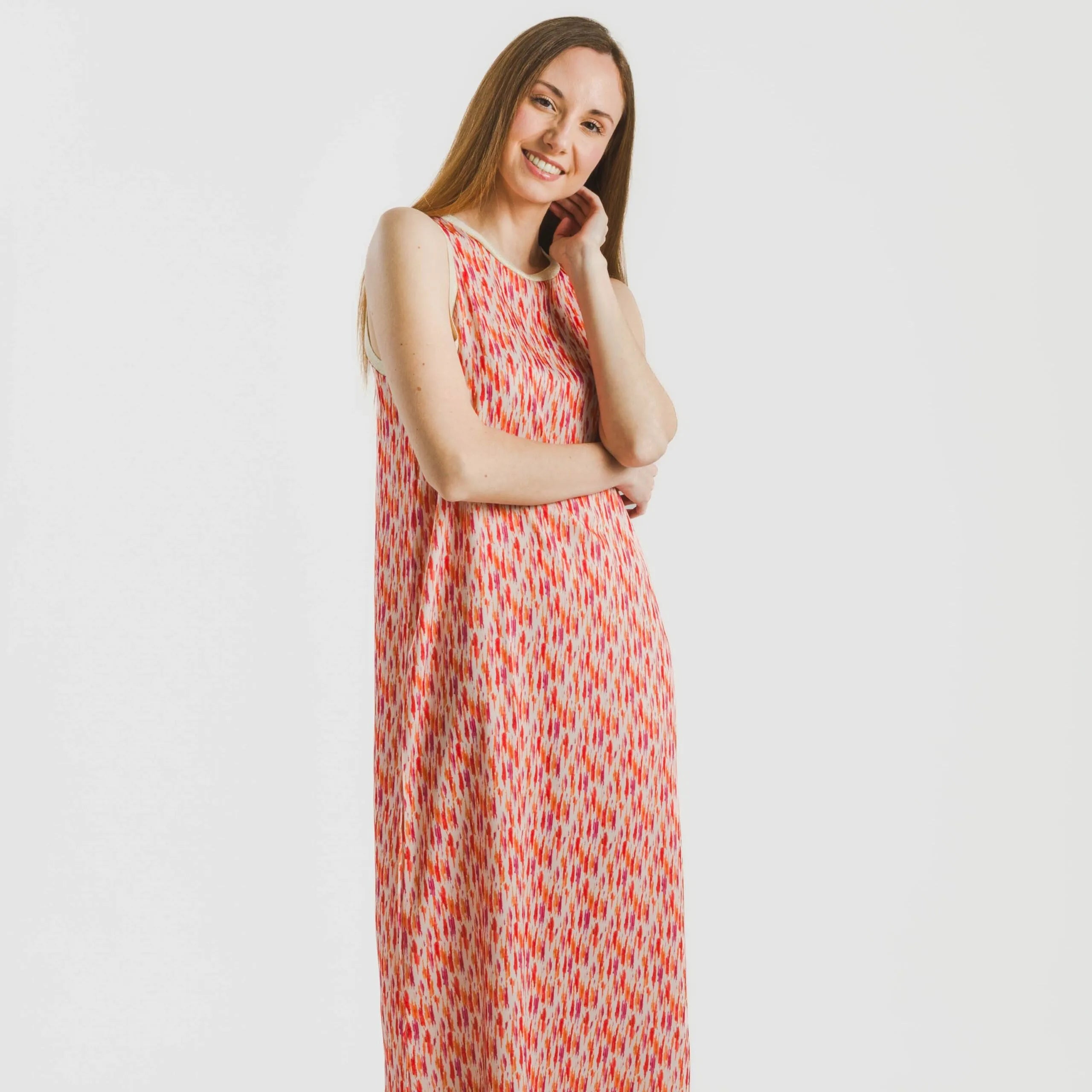 Vestido longo tomara que caia de cetim rosa-alaranjado da Aries