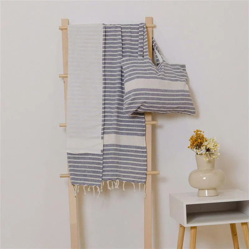 Conjunto de toalha pareô + bolsa de algodão listrada