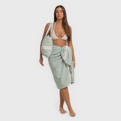 Conjunto de toalha pareô + bolsa de algodão listrada