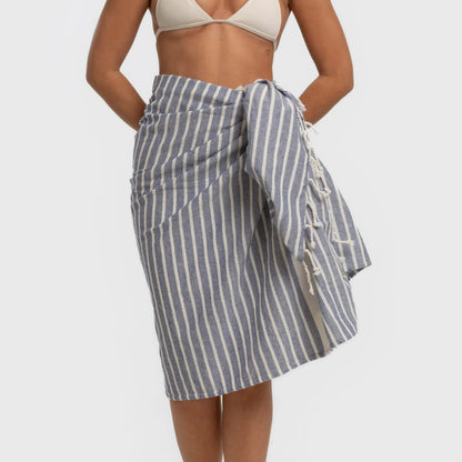 Conjunto de toalha pareô + bolsa de algodão listrada