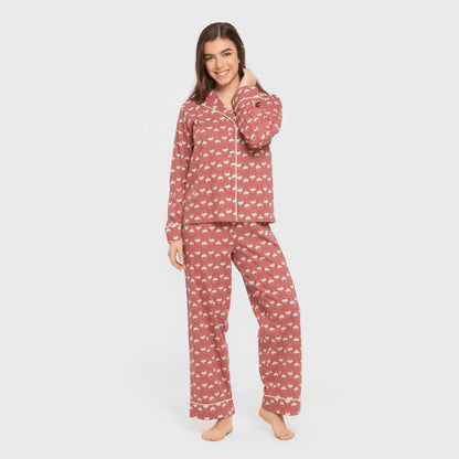 Pijama feminino longo estilo camisa em algodão na cor calêndula marsala.