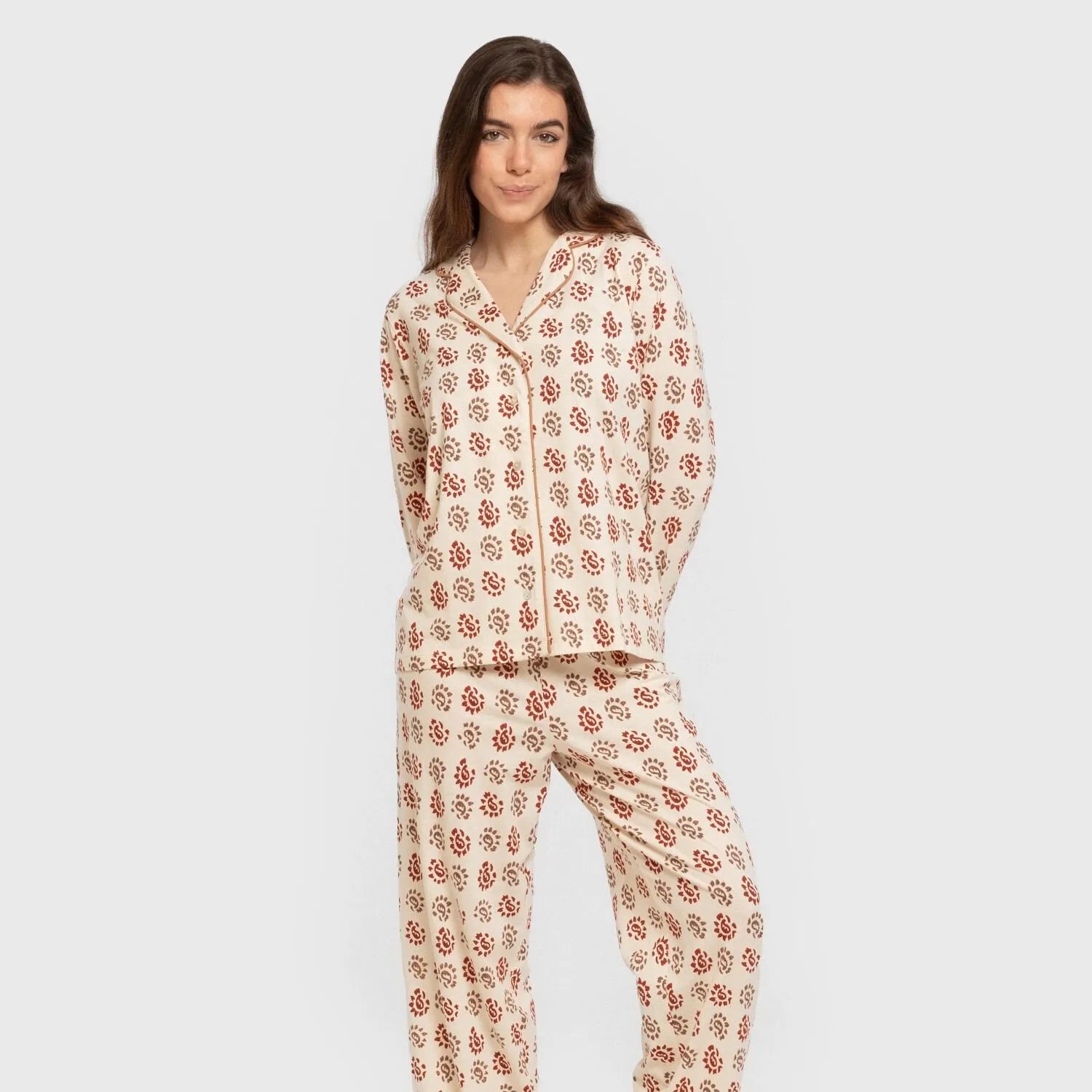 Pijama feminino Brianda estilo camisa comprida de algodão