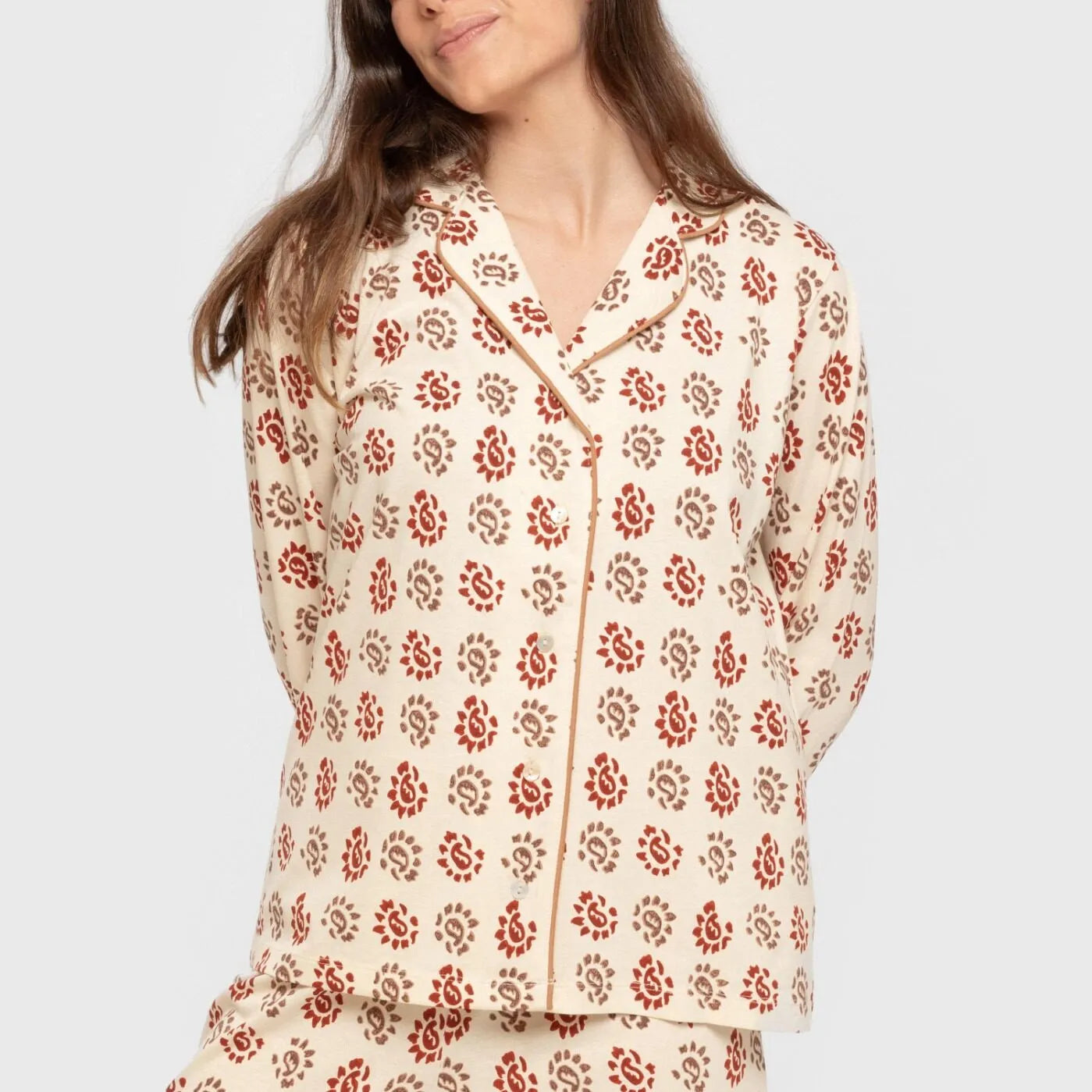 Pijama feminino Brianda estilo camisa comprida de algodão