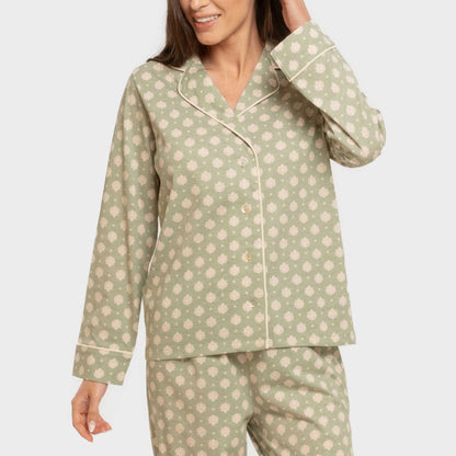 Pijama feminino Erati estilo camisa longa de algodão, verde estilo caça.