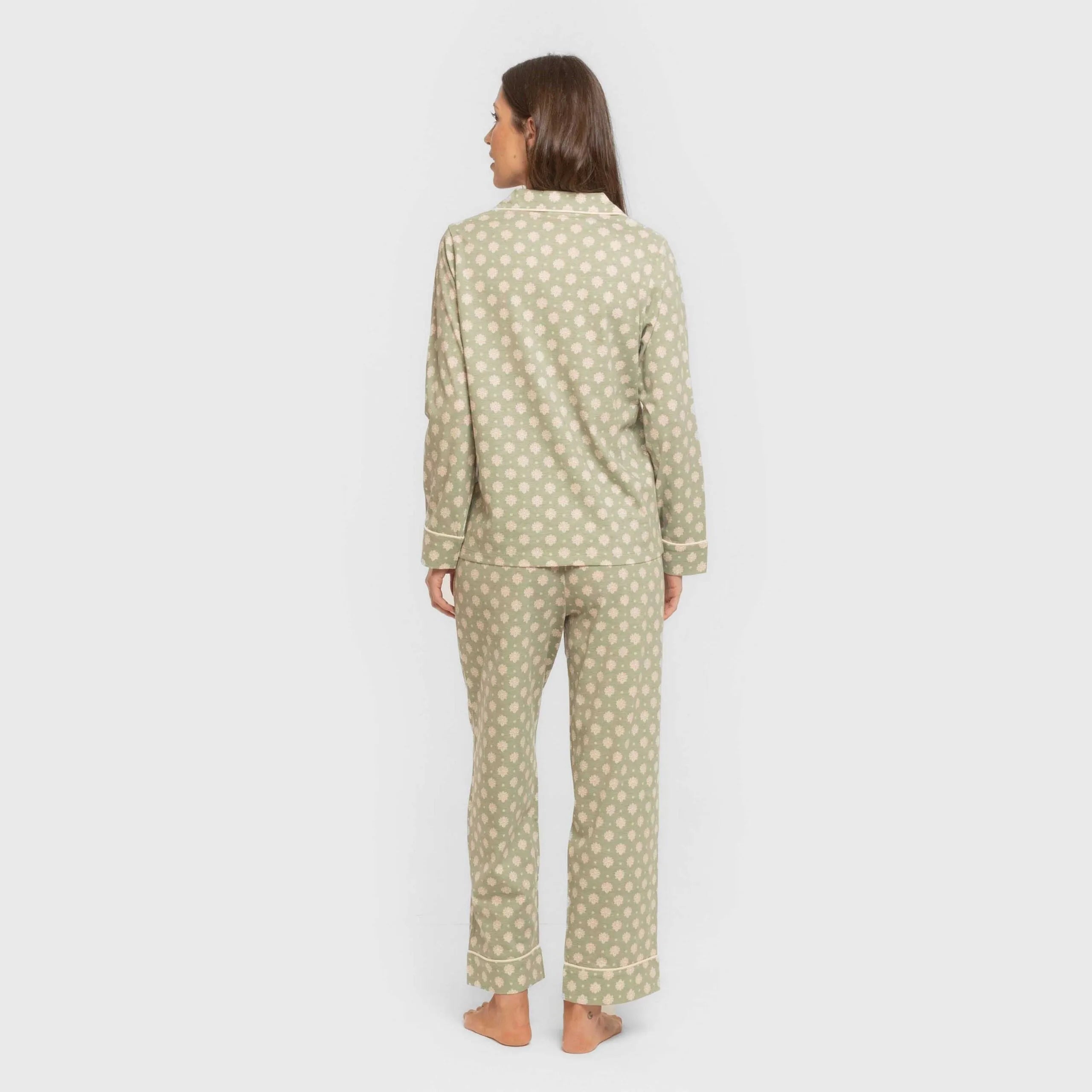 Pijama feminino Erati estilo camisa longa de algodão, verde estilo caça.