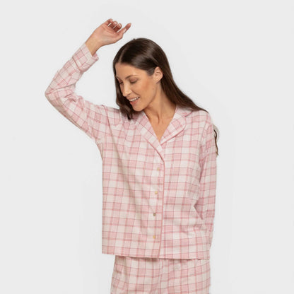 Pijama feminino longo estilo camisa de algodão, estampa xadrez rosa Moni