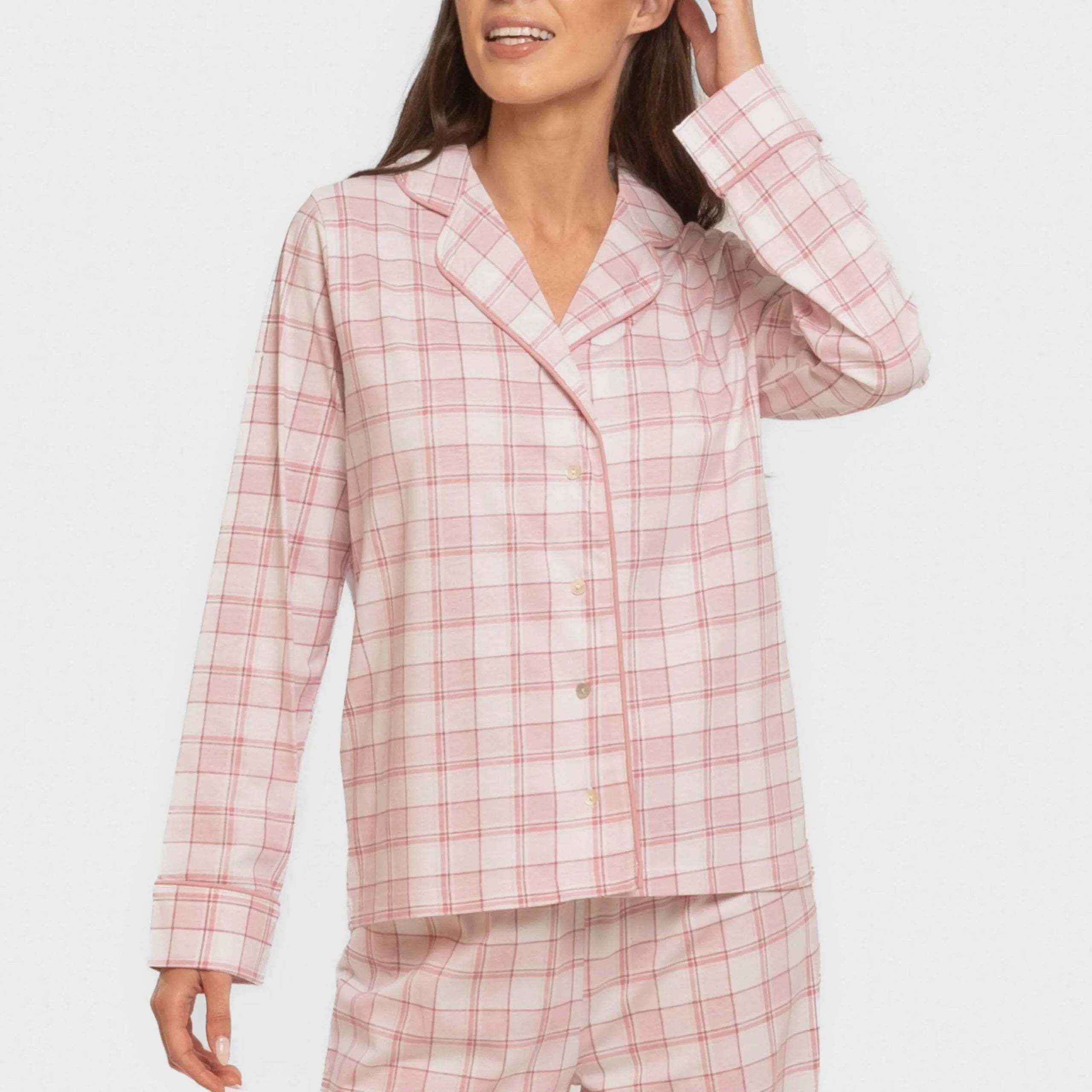 Pijama feminino longo estilo camisa de algodão, estampa xadrez rosa Moni
