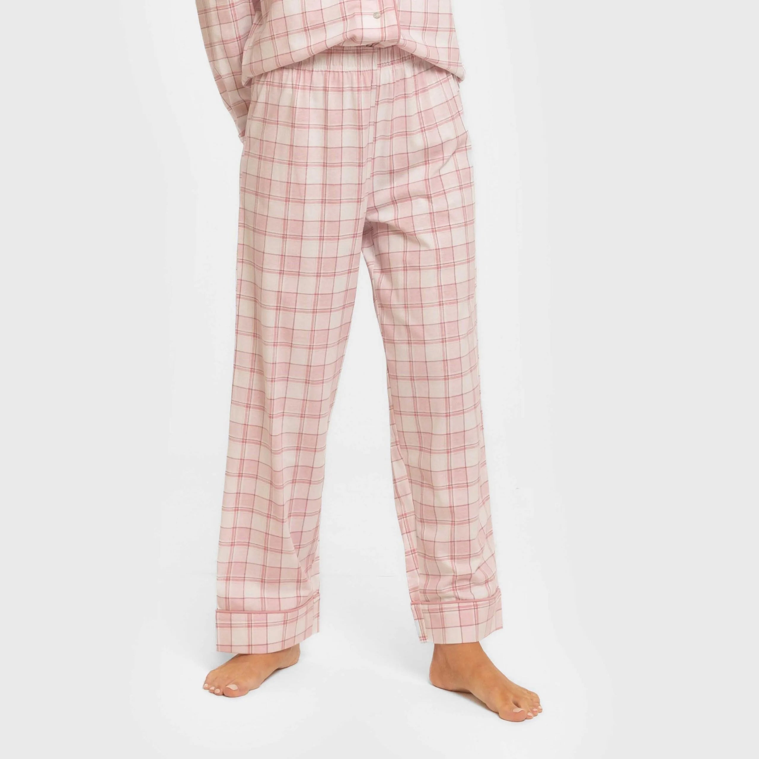 Pijama feminino longo estilo camisa de algodão, estampa xadrez rosa Moni