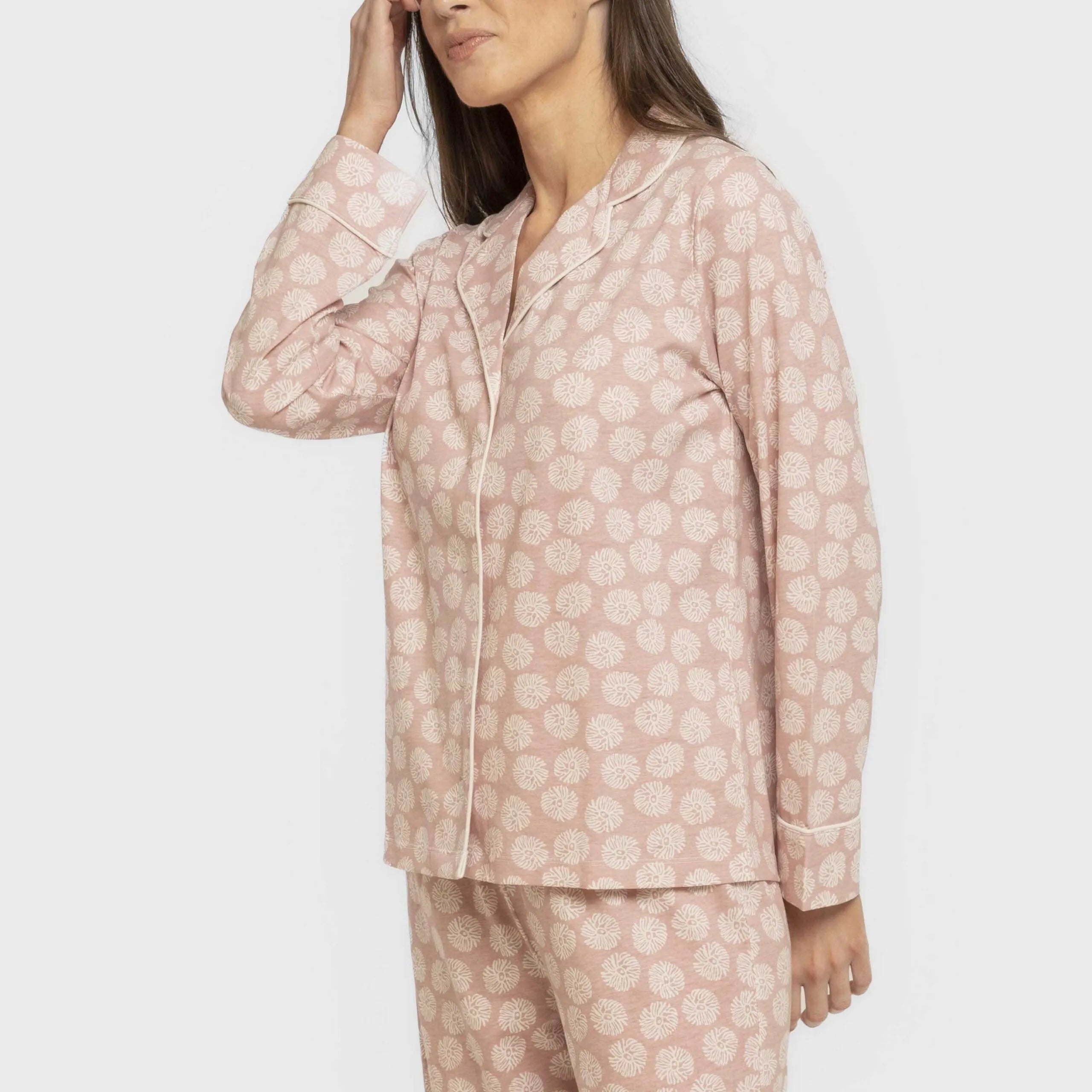 Pijama feminino longo estilo camisa de algodão, rosa Medusa