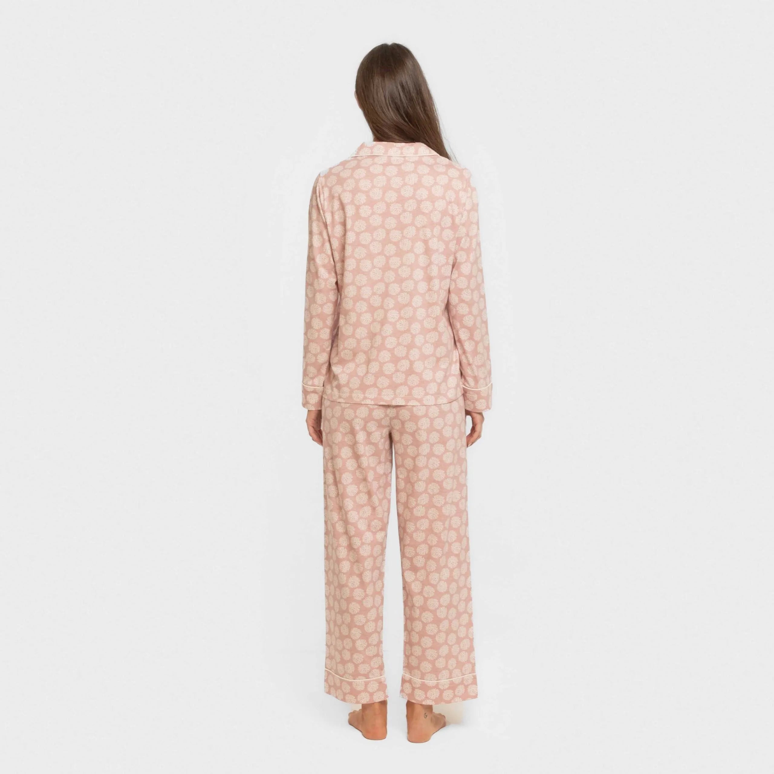 Pijama feminino longo estilo camisa de algodão, rosa Medusa
