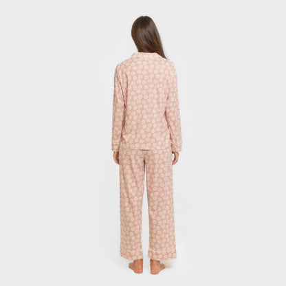 Pijama feminino longo estilo camisa de algodão, rosa Medusa