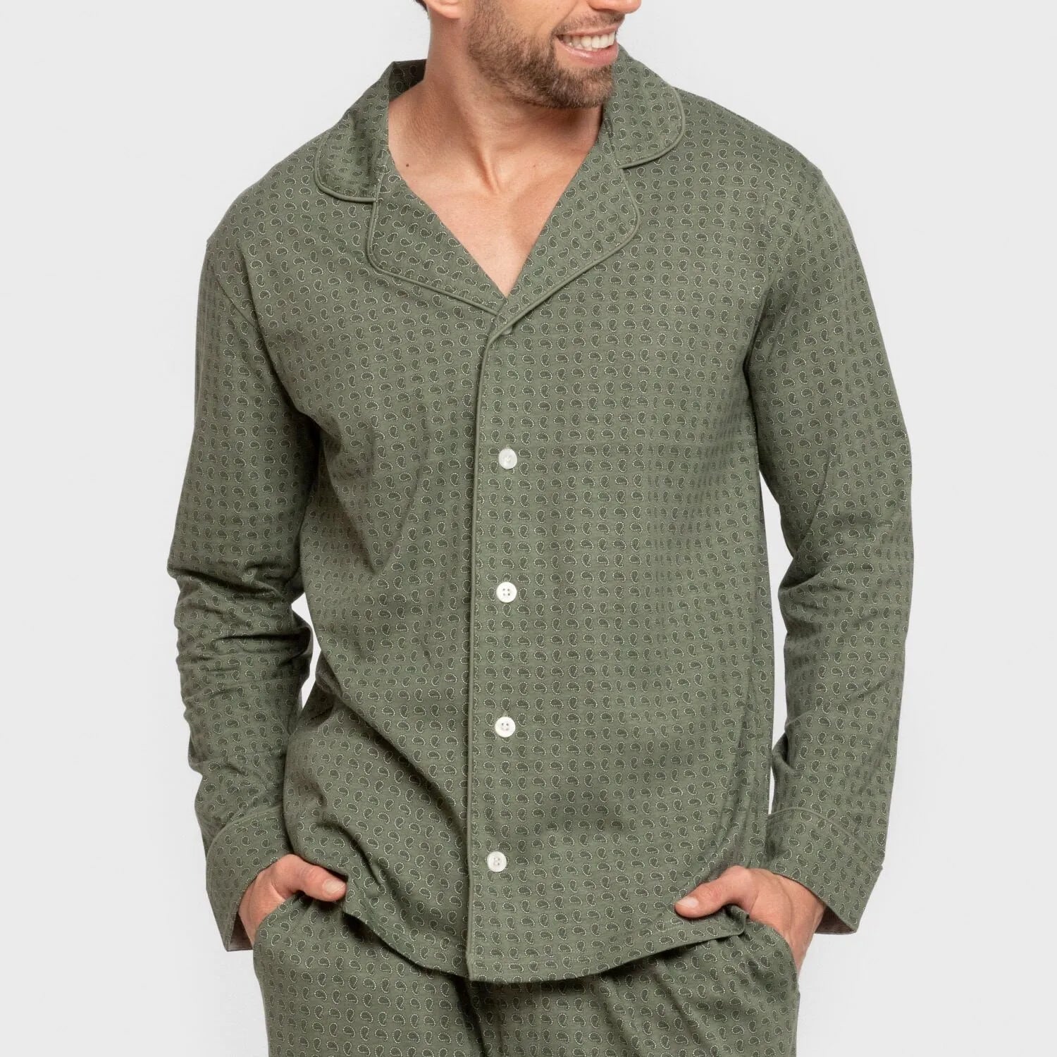 Pijama masculino longo estilo camisa de algodão, cor verde-caça.