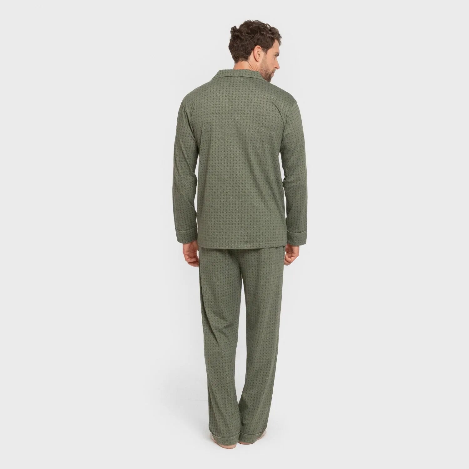 Pijama masculino longo estilo camisa de algodão, cor verde-caça.
