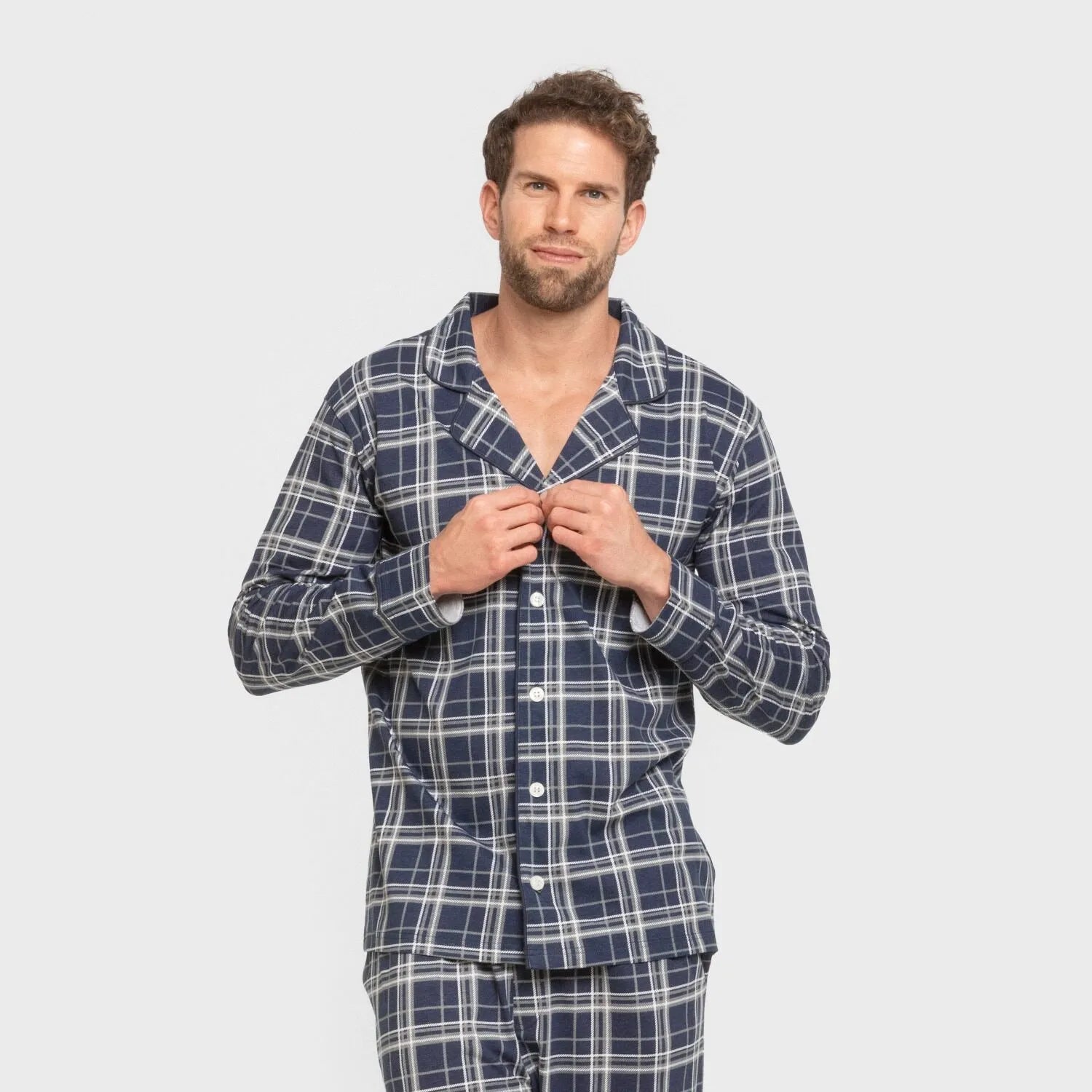 Pijama masculino comprido estilo camisa, xadrez azul.
