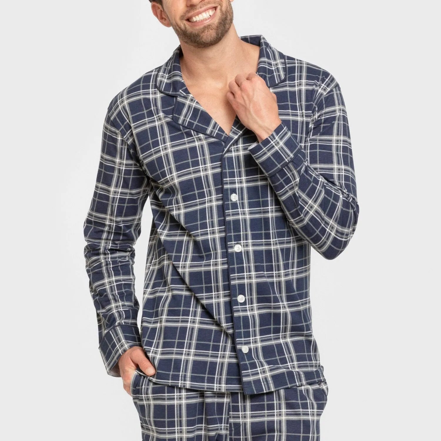 Pijama masculino comprido estilo camisa, xadrez azul.
